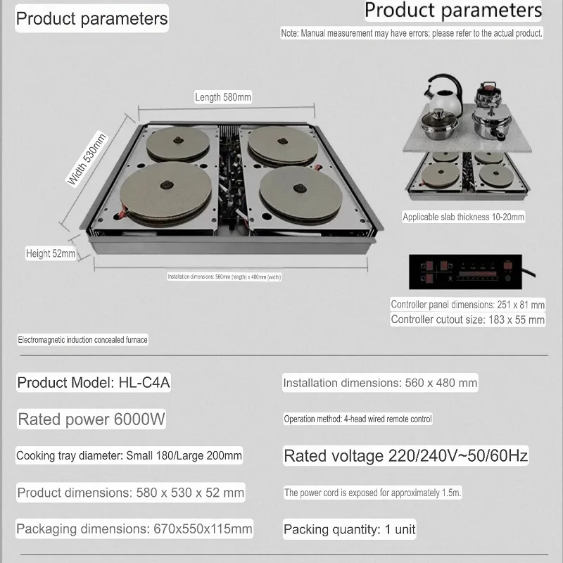 Built-in 4-zone induction hob, 6000W, concealed induction hob, suitable for stone worktops, with separate wired control panel