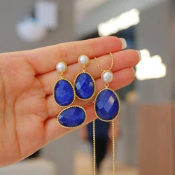 Klein Blue Vintage 925 Silver Natural Lapis Lazuli Earrings For Women Lapis Rings Pendant Jewelry Crystals Face Freshwater Pearl