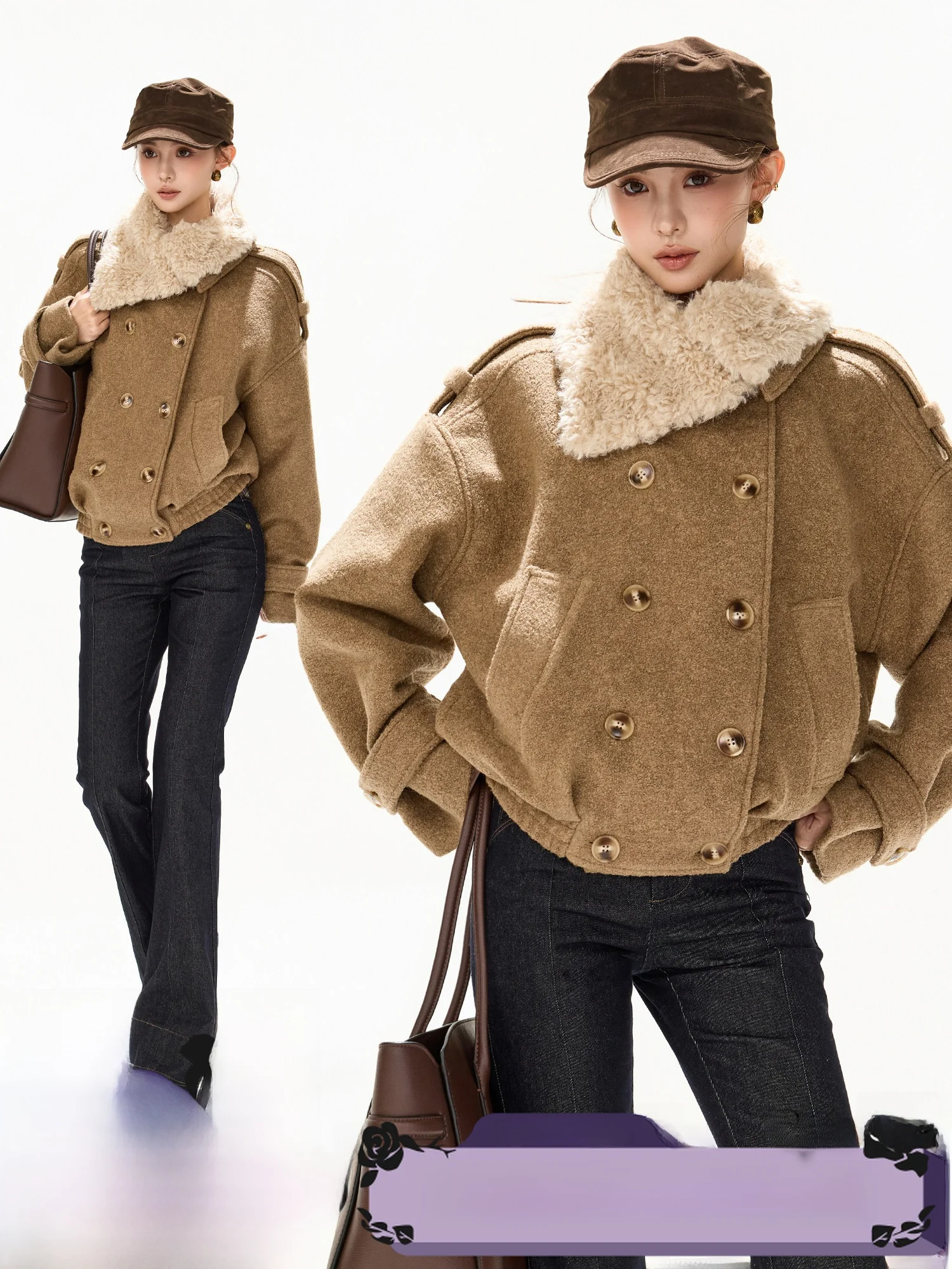 

CYNR Original Design Women's ort Woolen Coat Asymmetrical Detachable Fur Collar Stand Collar Double Row Buttons Casual Sle