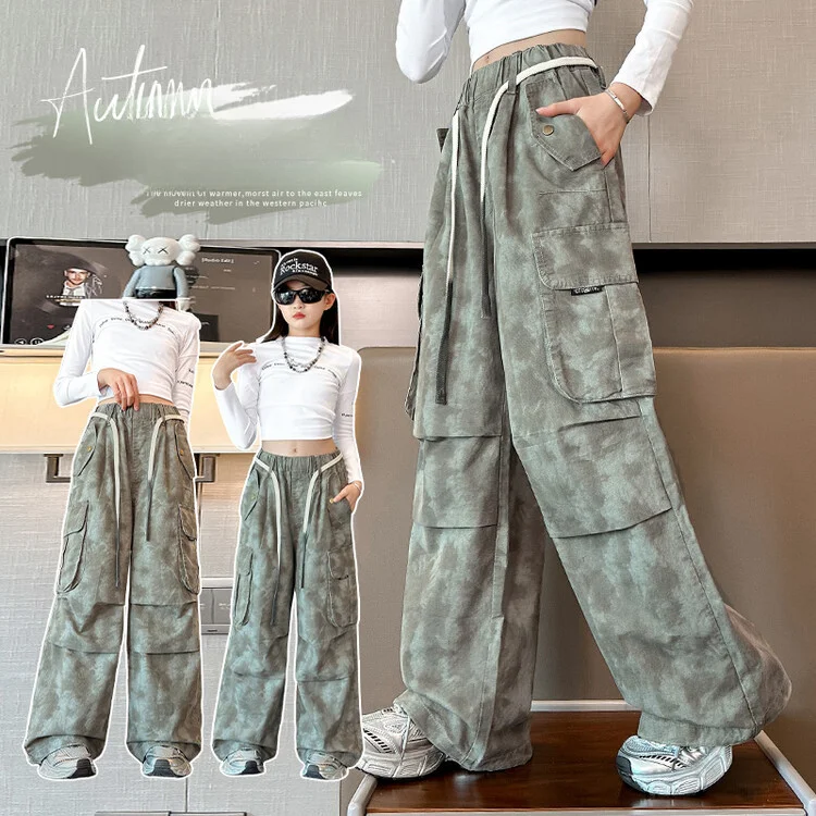 2024 new girls' pants loose workwear casual pants mid to large children's clothing autumn camouflage pants trend