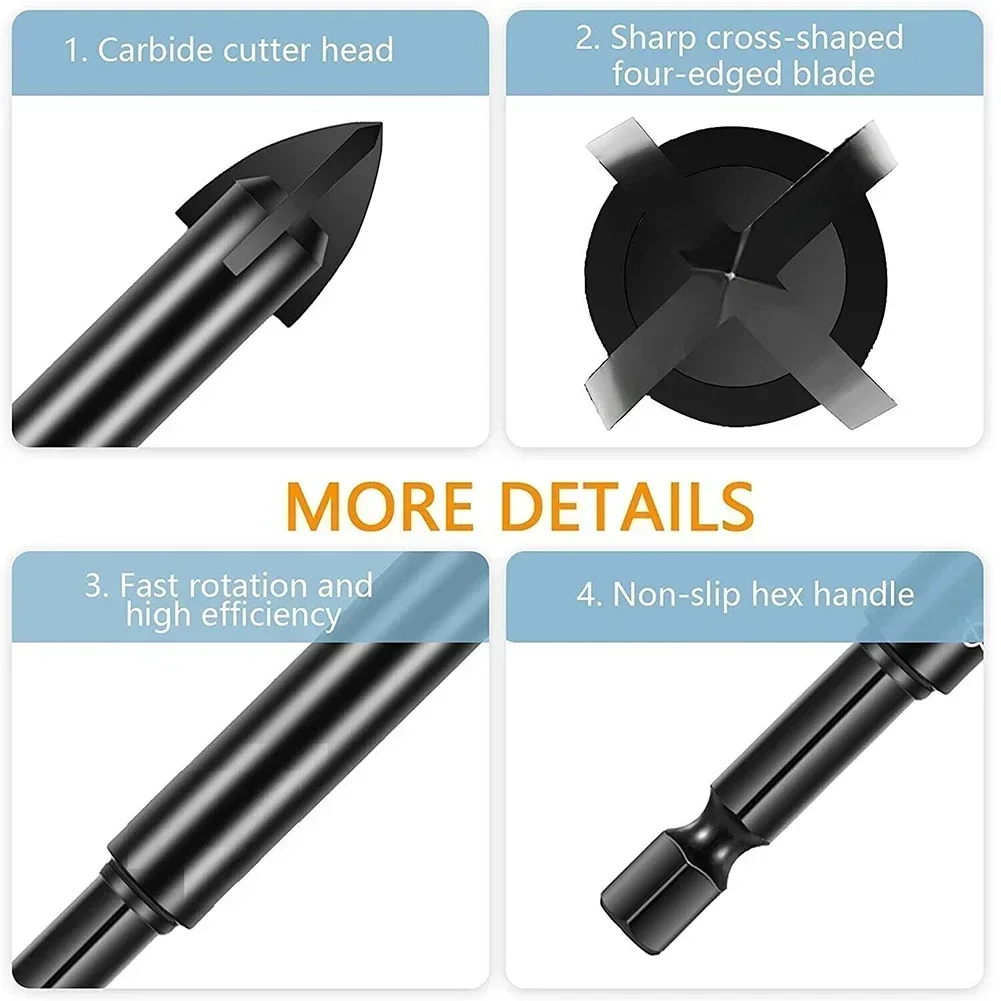 5pc 6mm Tungsten Carbide Cross Spear Head Drill Bit Hex Shank For Tile Porcelain Marble Ceramic Glass Brick Drilling Power Tool