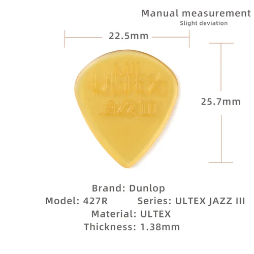 Imagen 2 del producto Elija Dunlop. 427R 1,38 mm pequeño JAZZ 3 material ULTEX Púas de guitarra acústica/eléctrica duras y resistentes al desgaste. Espesor: 1,38 mm