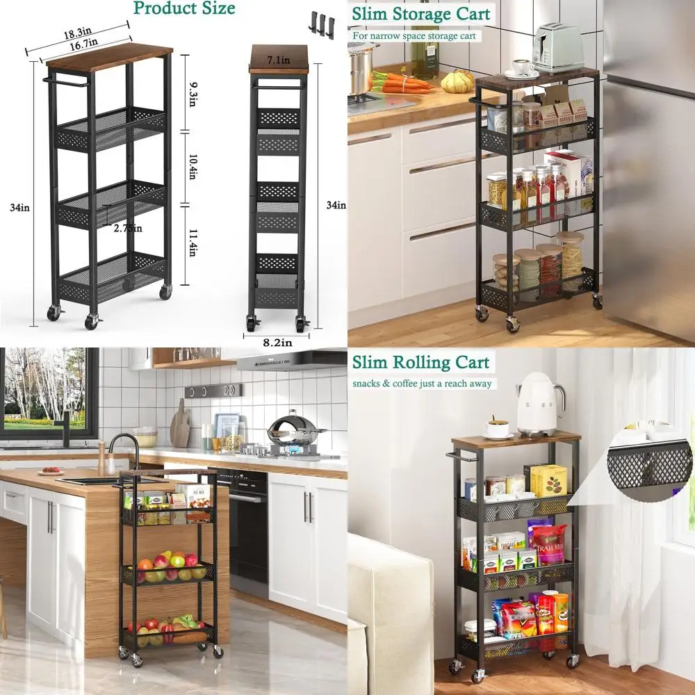 

Narrow 4-Tier Rolling Kitchen Cart with Wooden Top and Metal Handle, Mobile Storage for Kitchen, Bathroom, Laundry