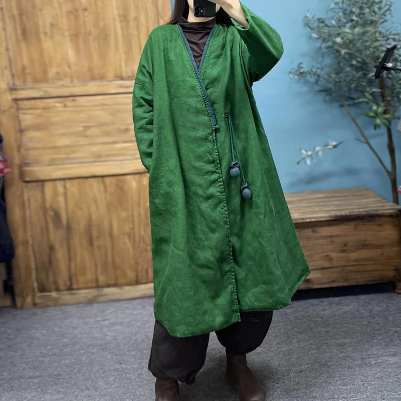 

Winter High-End Linen Solid Color Traditional Hanfu Quilted Overcoat Outwear Women Open Front Leisure Clip Cotton Warm Long Coat