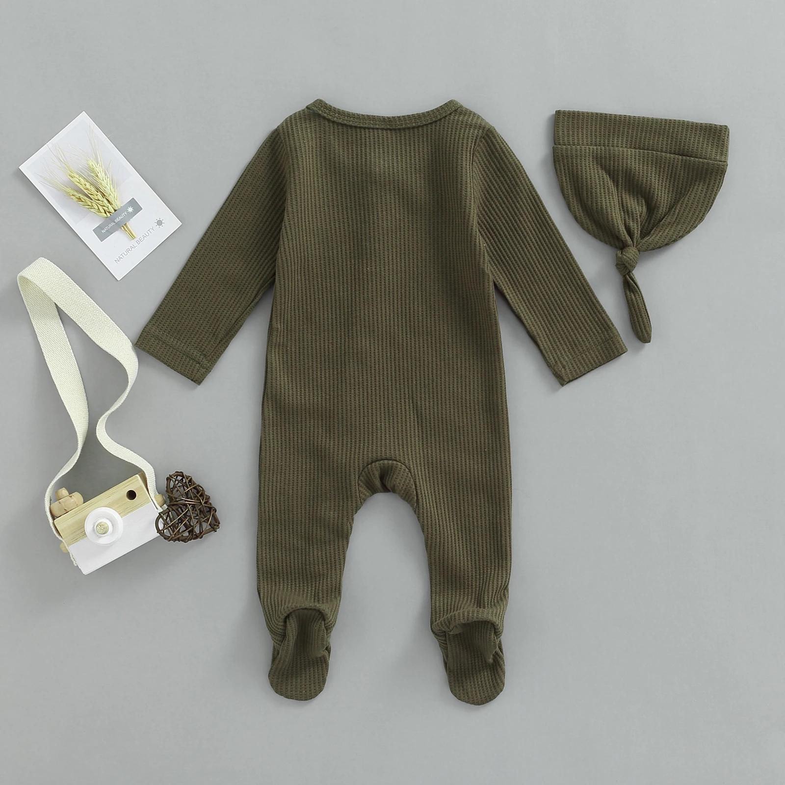 

Baby Boys s Girl s Romper Set Round Neck Long Sleeve Button-Down Ribbed Feet Wrap Jumpsuit Hat