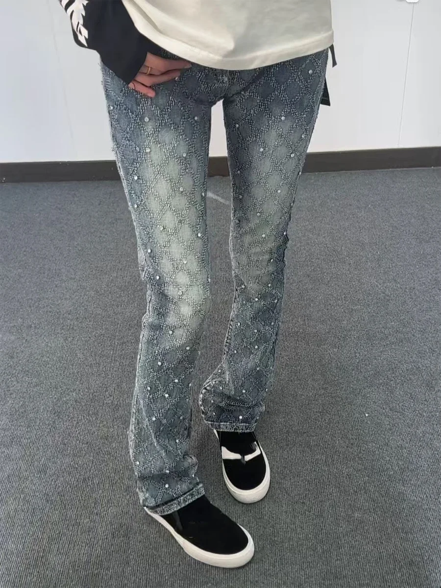 

Four Seasons New Sle Bell Bot Jeans Men Women Straight Leg High Street Cool Brand American Denim Jeans with Nail Head