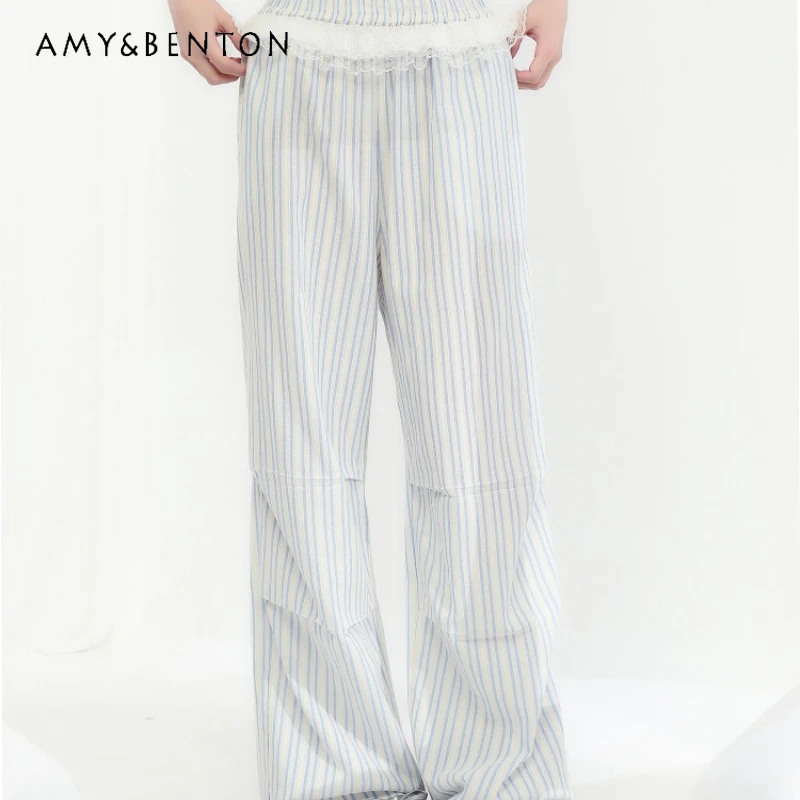 

Summer Thin Blue White Striped Loose Women's Trousers Korean Elastic Waist Lace Trim Fashion Wide-Leg Floor-Length Pants Ladies