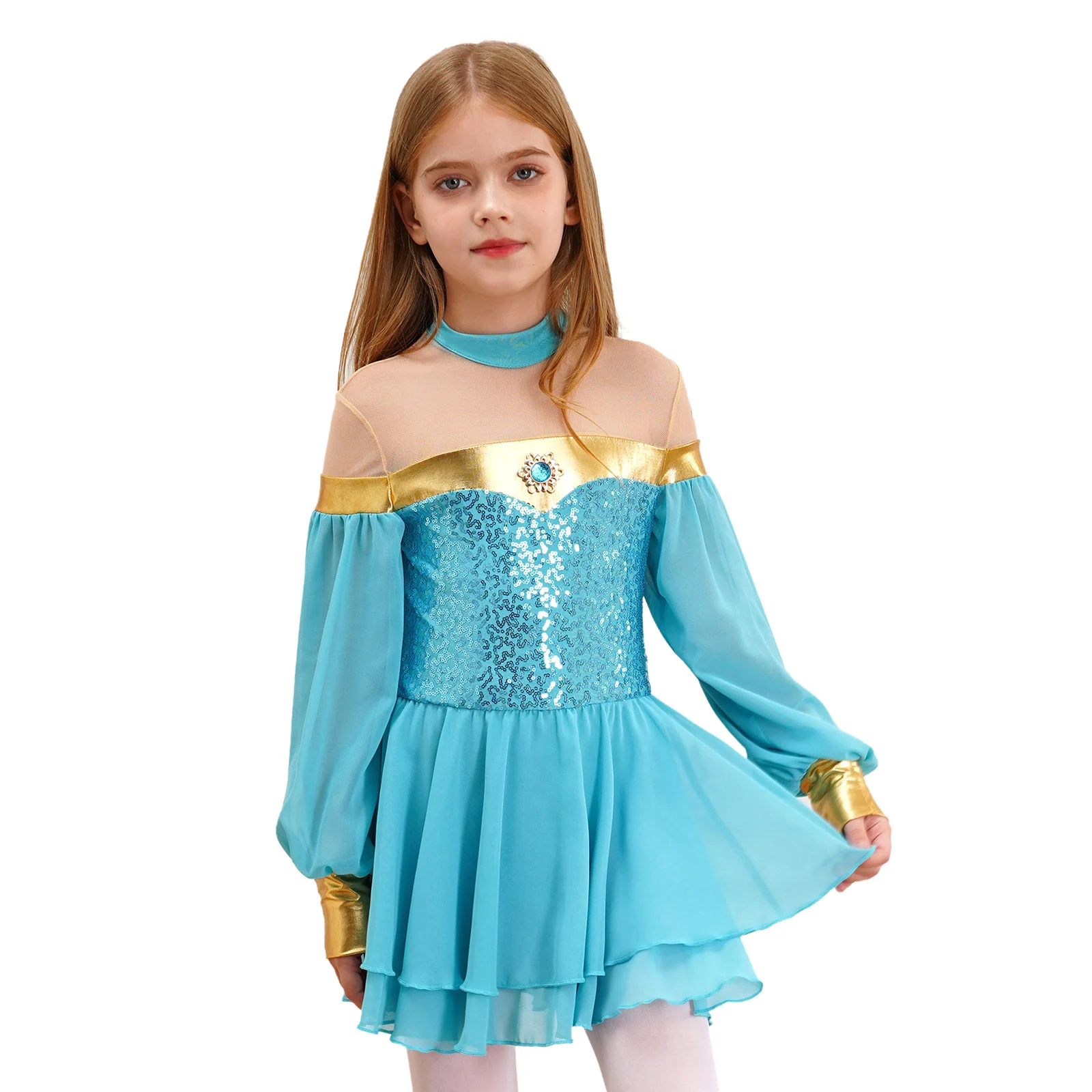 キッズガールズアラビアプリンセスドレスハロウィンカーニバルコスプレ衣装ベリーダンスレオタードランタンスリーブスパンコールチュールパーティードレス