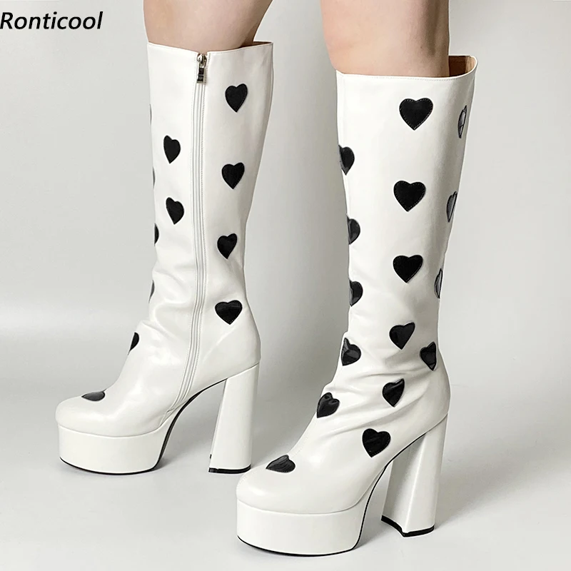 

Ronticool Handmade Women Winter Knee Boots Heart Shaped Waterproof Chunky Heels Round Toe Boutique White Shoes Plus US Size 5-15