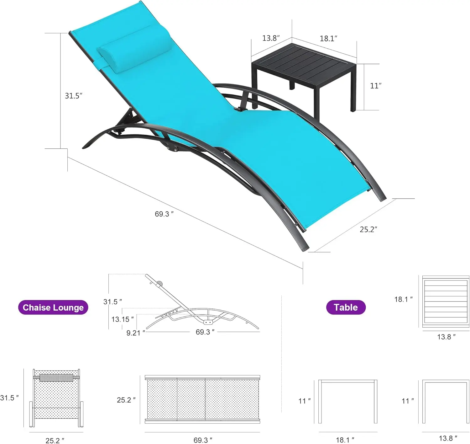 Purple Leaf Patio Chaise Lounge Set of 3Turquoise Blue