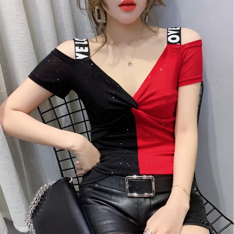 #7141 Spliced Color Off Shoulder T Shirt For Women Tight Wrap T Shirt Femme Mesh Tops Streetwear Tshirt Short Sleeve Thin V-Neck