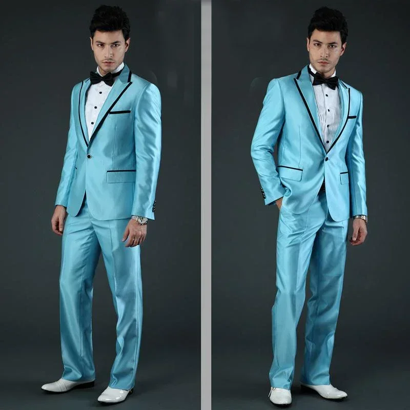 

Fashion Sky Blue Satin Men Suit Stage Show Slim Fit Blazer Hombre Groom Tuxedo Prom High Quality Custom 2 Piece Costume Homme