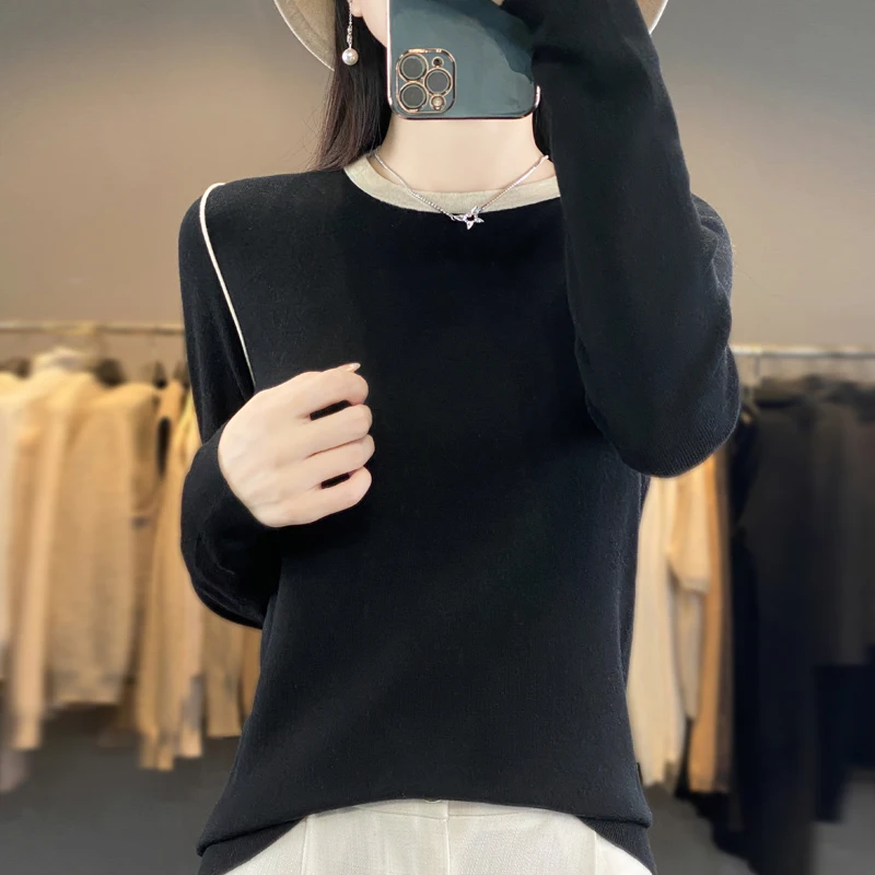 Women's Pullover Spring/Autumn New Wool Sweater Casual Splicing Knitwear Ladies' Clothes Round Neck Blouse Fit Tops