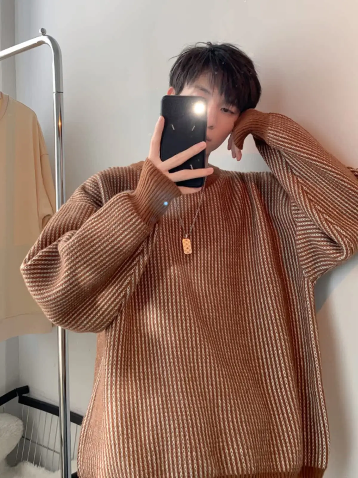 

Мужской вязаный свитер в полоску свободного кроя, мягкий, удобный, осенне-зимняя верхняя одежда, базовый слой, уютный, высококачественный, парный вязаный свитер