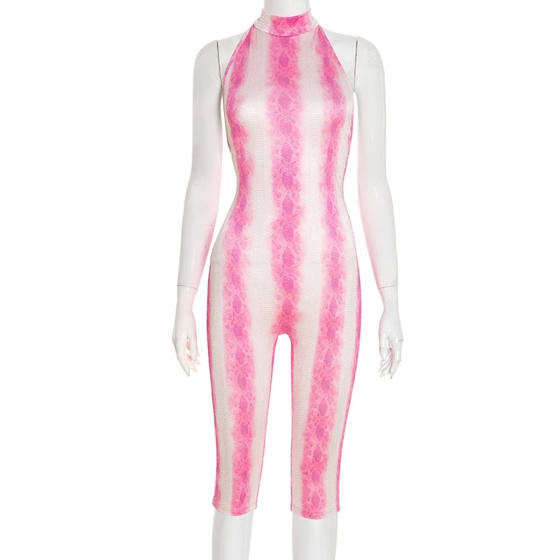 أنيق سيدة الأفعى المطبوعة بلايسوت 2025 الصيف النساء الرسن عارية الذراعين Bodycon مثير نادي حفلة العجل طول السروال القصير حللا