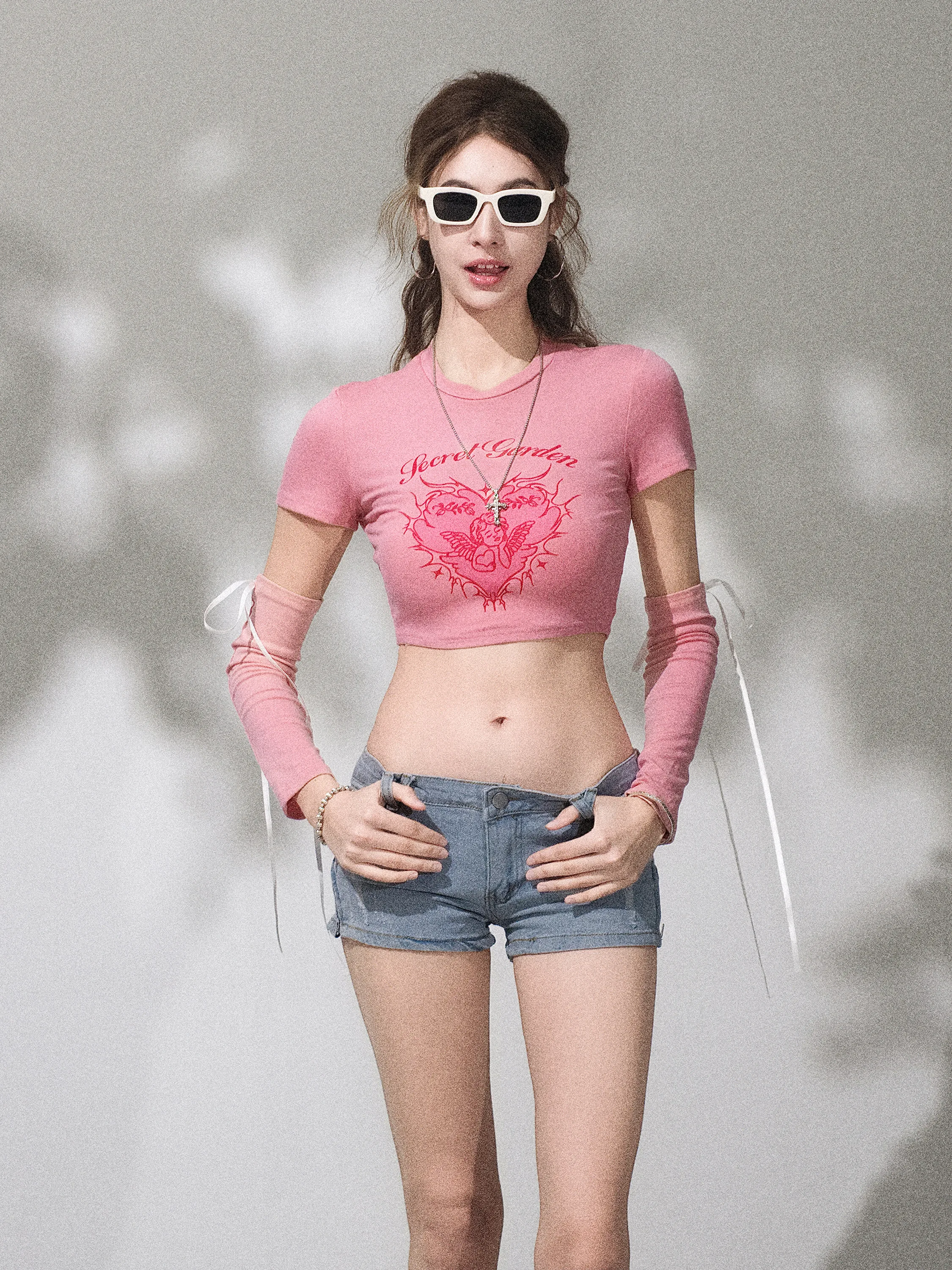 

Модная женская футболка с коротким рукавом в стиле Sweet Style, приталенная, летняя, с рукавами-накладками, для танцевальных выступлений, из полиэстера.