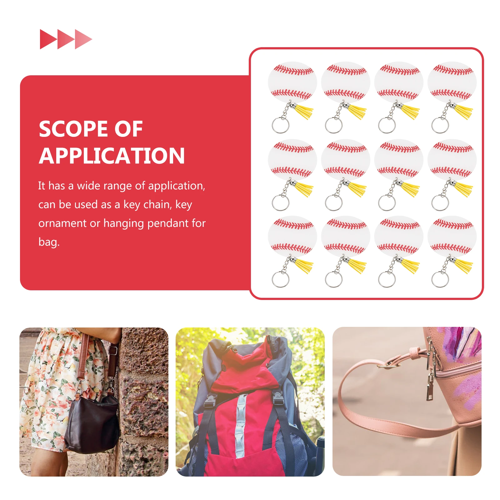 

12Sets Keychain Accessories Baseball Design Tassel Keychains Compact Key Hanging Decoration for Men Women Kids Bag Purse