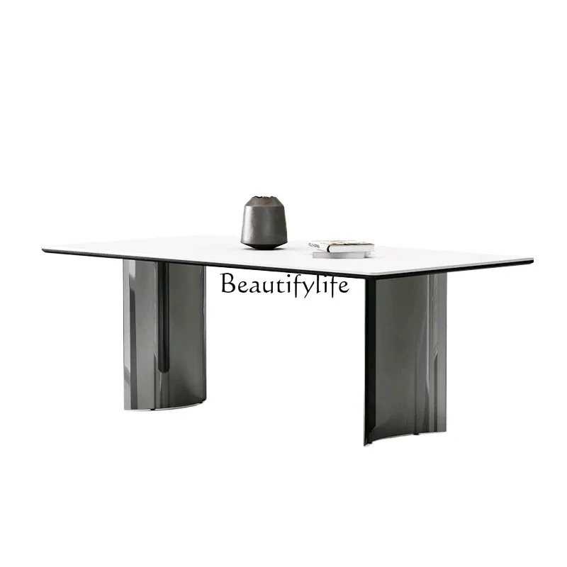 

Italian rock slab dining table rectangular small apartment household stainless steel mirror rock slab dining table