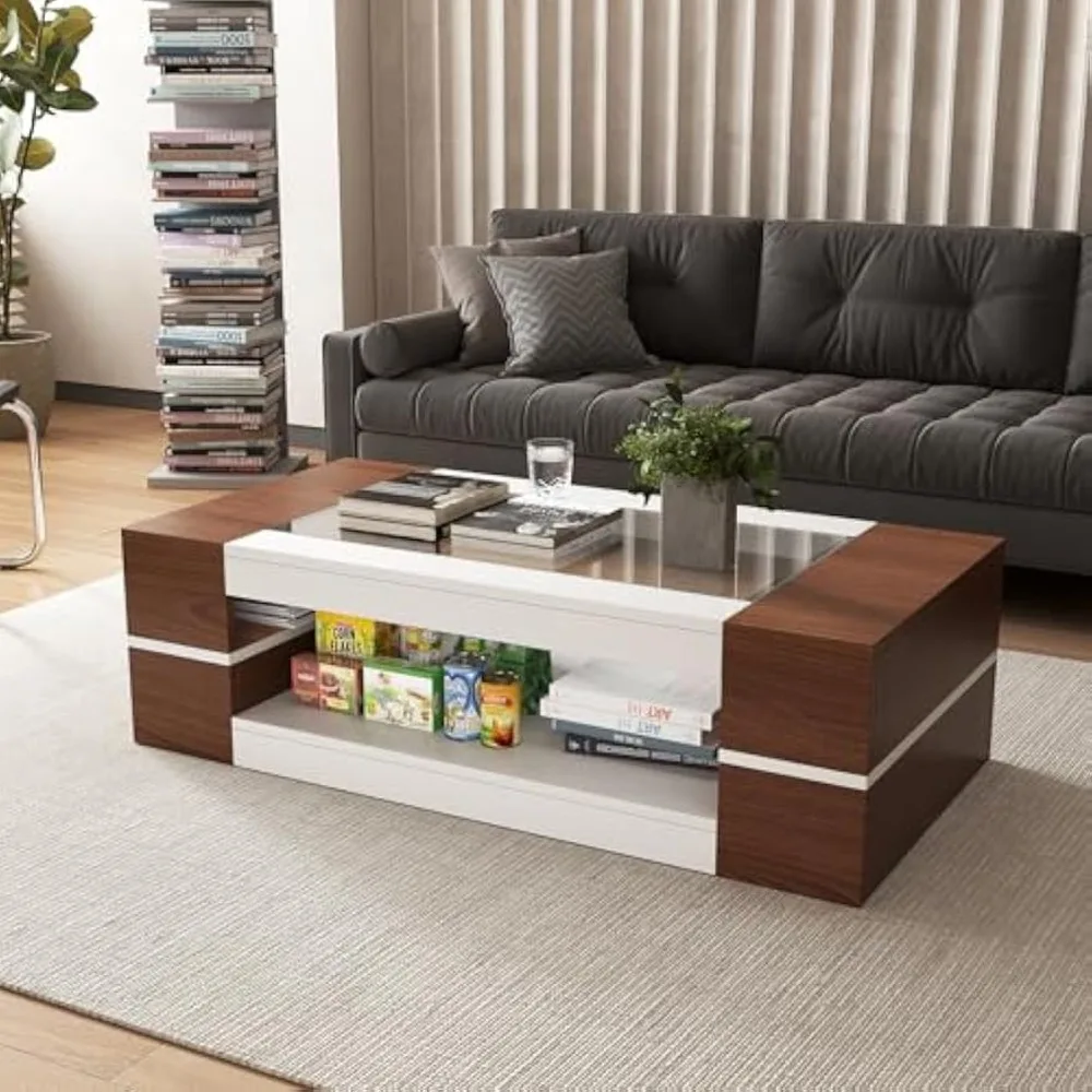47.2" Modern Stylish Coffee Table with Glass Table Top, Large Living Room Table Rectangular 2-Tier Center Tables with Storage, W