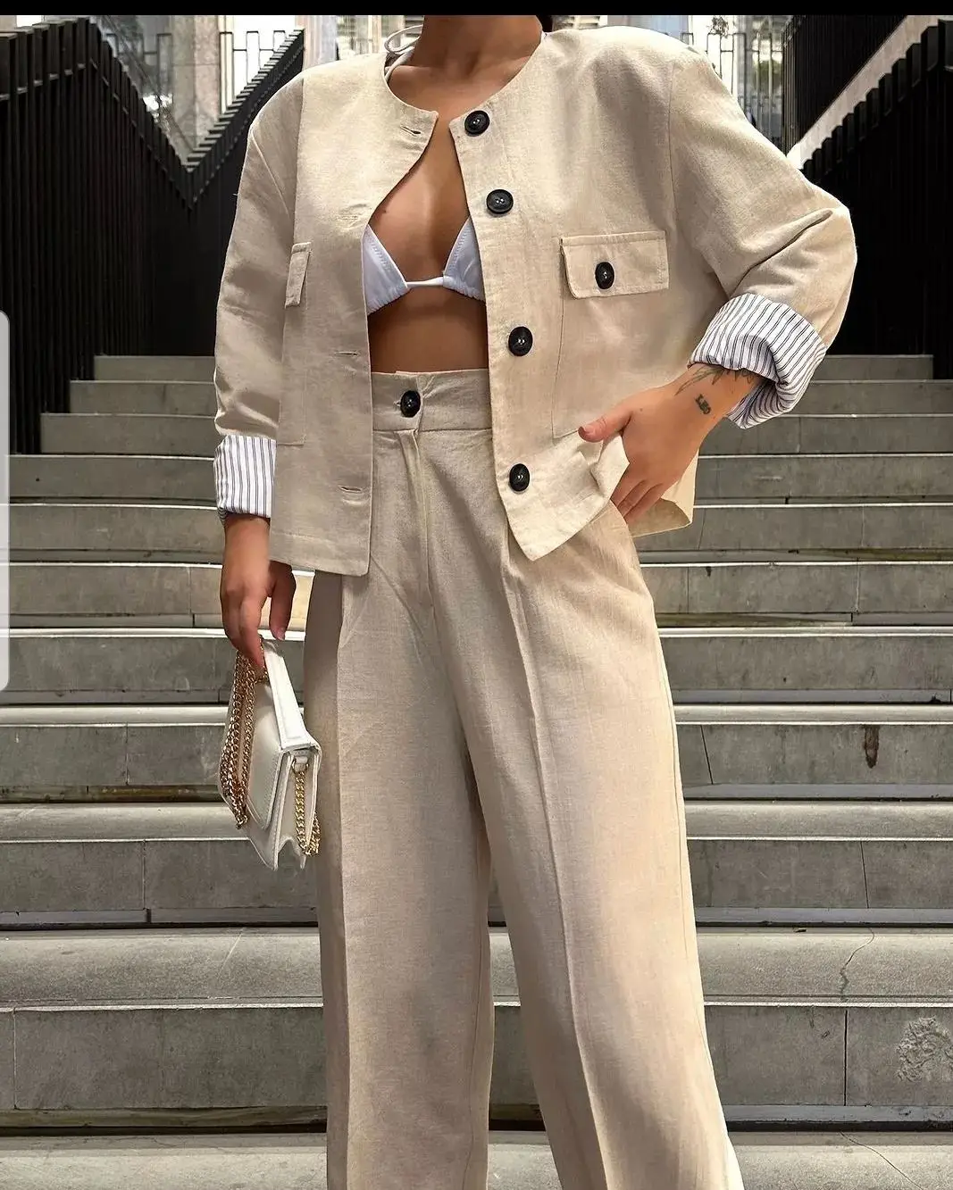 TRAF Casual Retro Chic Office Ladies Suit Solid Color Women\'s Suit Pocket Blazer Straight Loose Pants 2024 Summer New Fashion