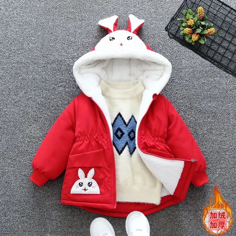 Girls Plus Velvet Thick Coats Winter Warm Kids Outerwear Fashion Baby Girl Clothing Cartoon Print Children Jackets Autumn Coats