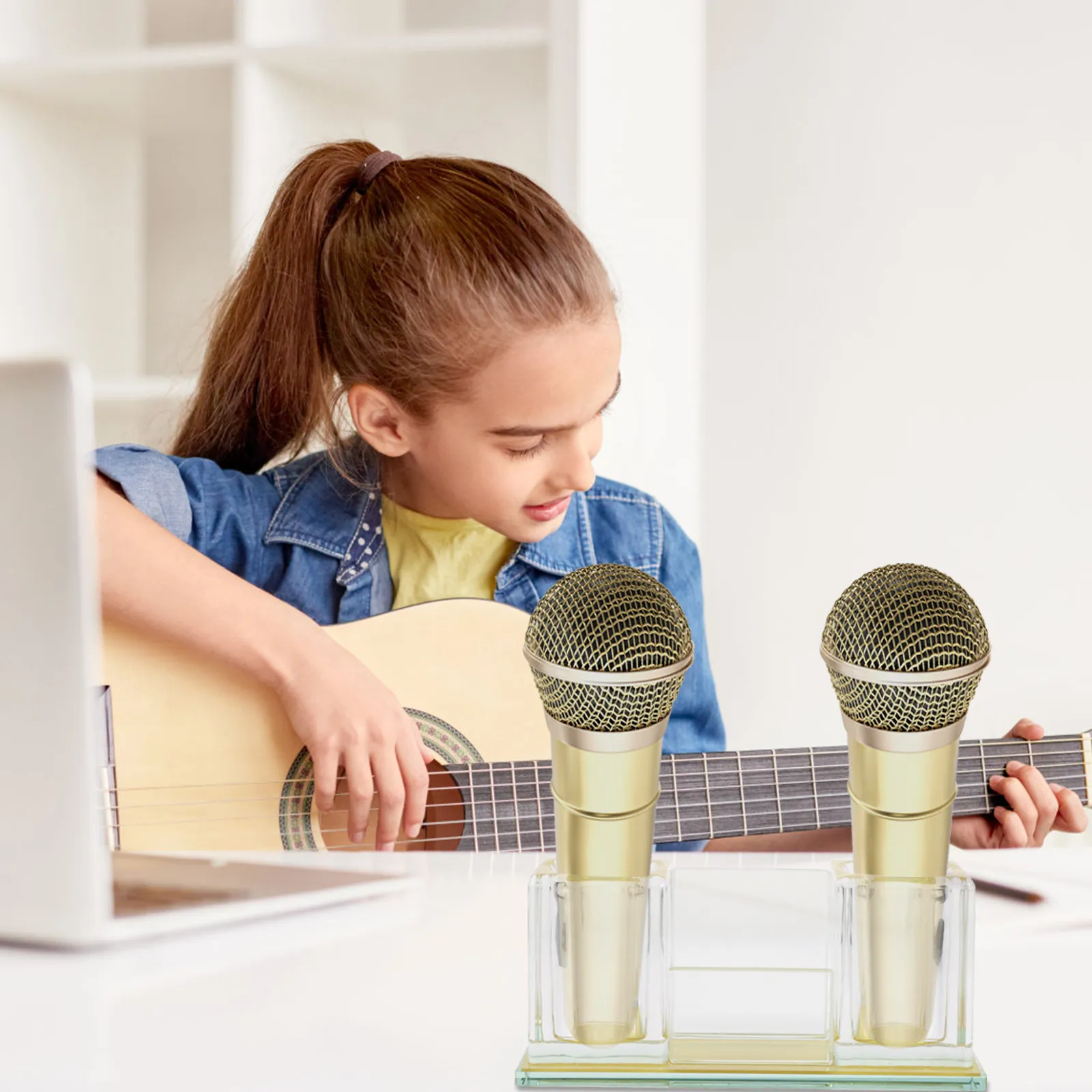 2-Slot Acrylic Microphone Stand Desktop Mic Support Stand Universal Stable Base for Wireless Wired Mics Home Office Studio Use
