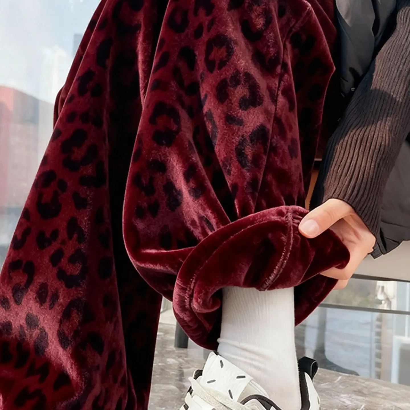 retro red leopard print velvet wide-leg pants women's autumn and winter great-looking  velvet straight casual pants