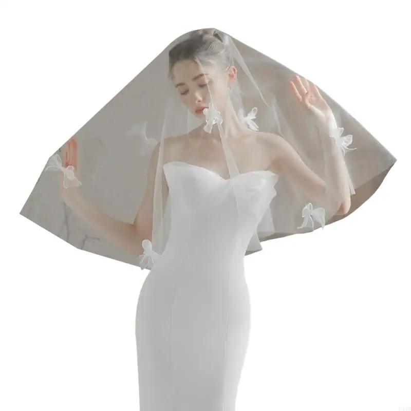 

F2TD Short Bridal Veil White Tulle Veil with Adjustable Bowknot Single Layer Head Veil for Wedding Ceremonies and Photoshoots
