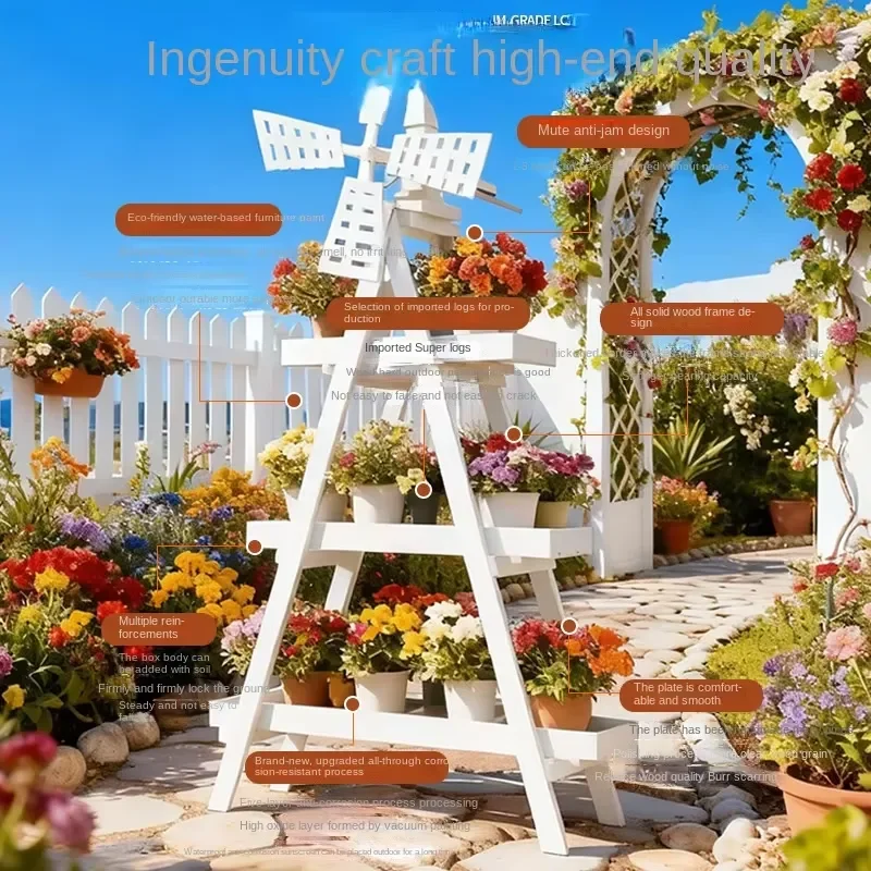 Outdoor Garden Pastoral Countryside Design Wood Windmill Flower Stand Multi-Layer Three-Dimensional