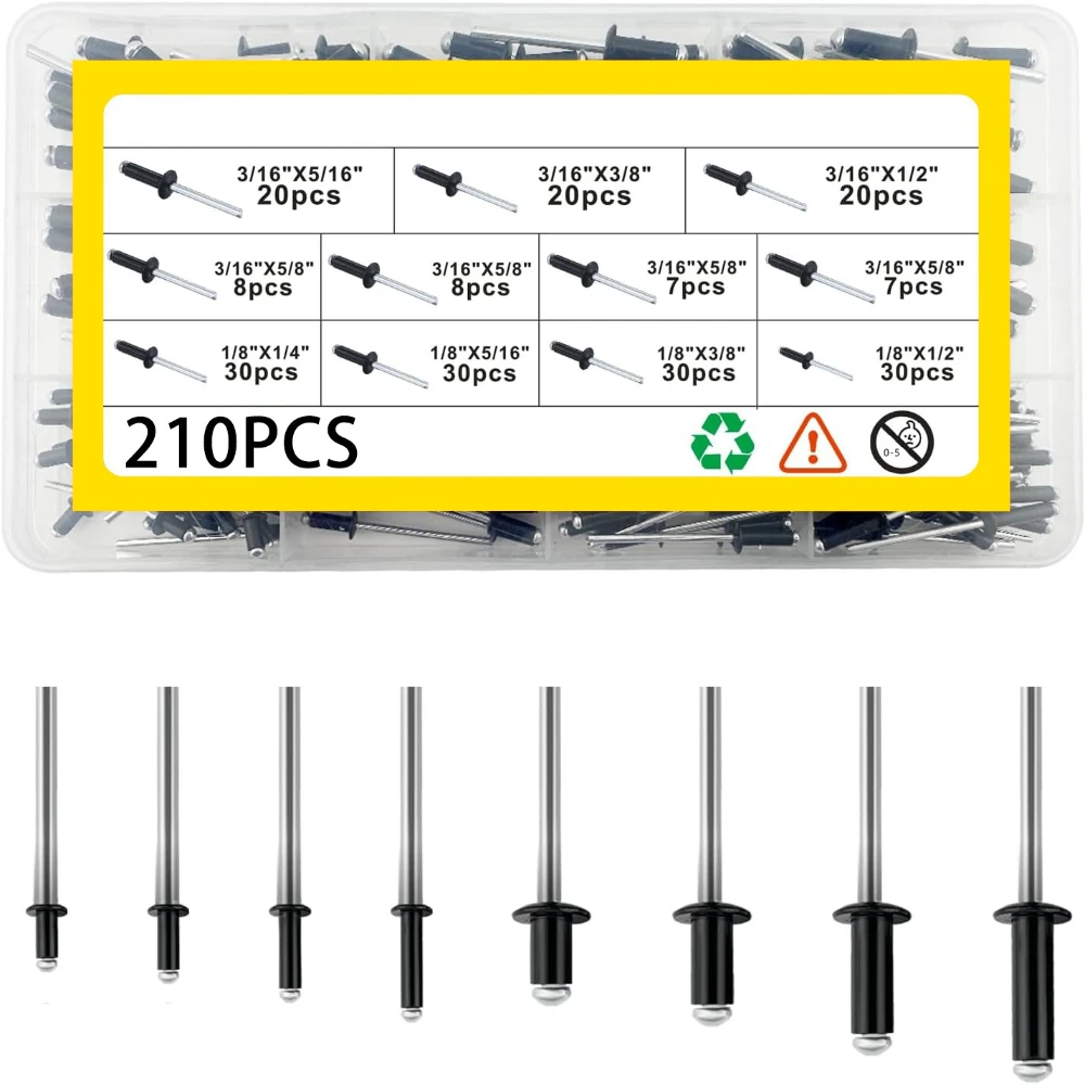 

210pcs Aluminum Cap Iron Rod Blind Rivets Set Aluminum Shell Iron Rod Open Type Blind Rivets Combination Kit Box Set GB/T 12618