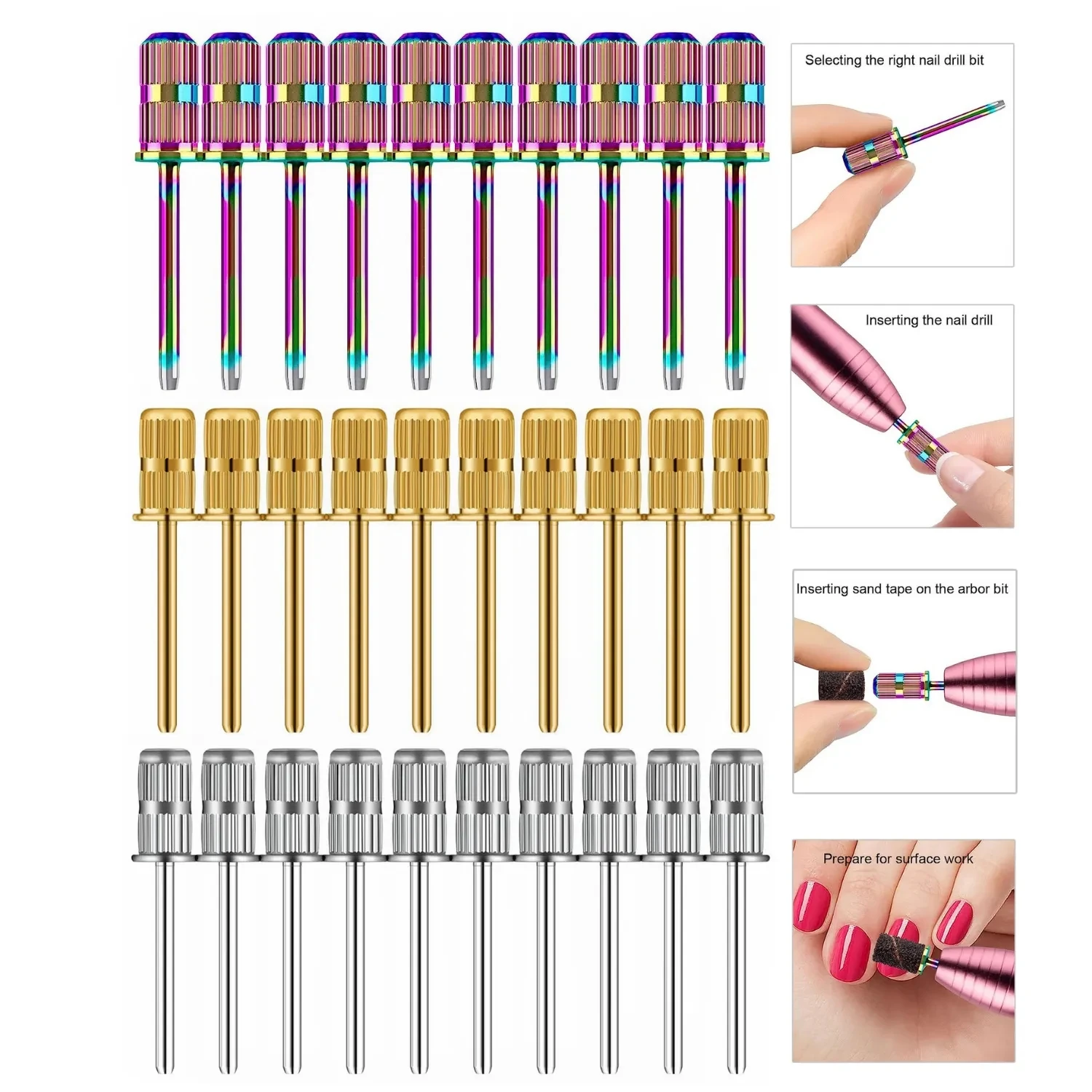 5/10Pcs Silver/Gold/Rainbow Mandrel Nail Drill Bit Set Sanding Bit for Nail Drill 3/32“ Sanding Band Shaft Replacement Nail Tool