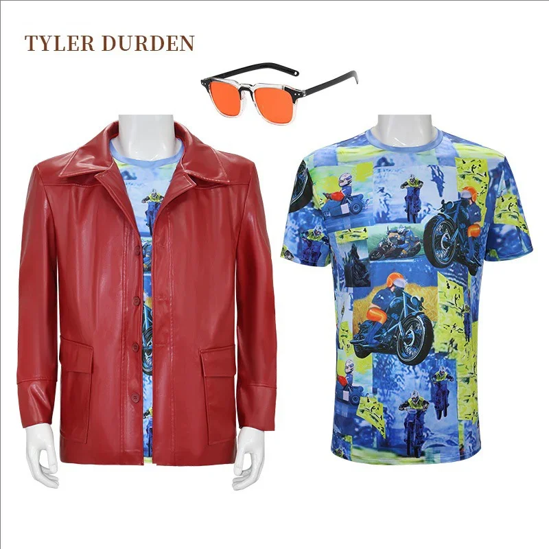 Men Fight Club Tyler Durden Cosplay Costumes In Stock Brad Biker Leather Jacket Red Coat Shirt Glasses Halloween Party Suit