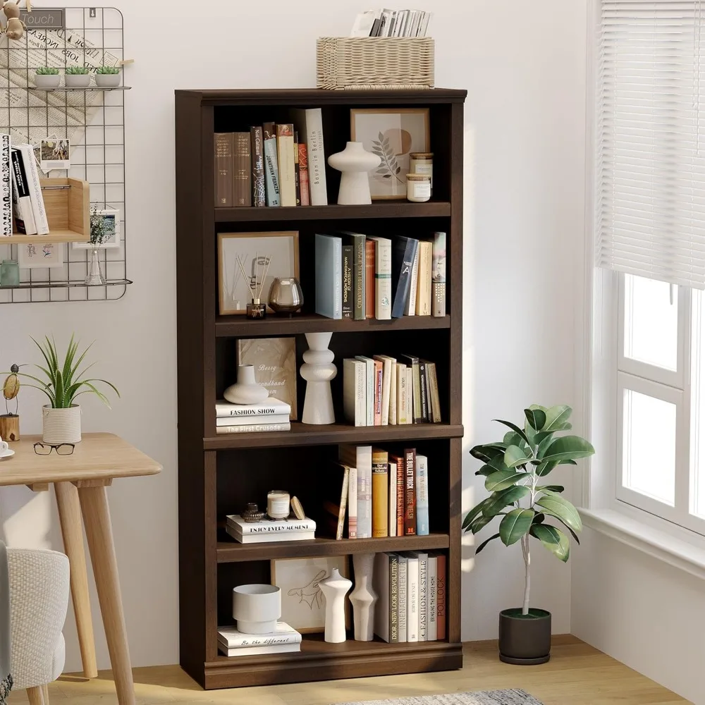 

5-Shelf Tall Bookcase Wooden Bookshelves 33in Wide Floor Standing Display Storage Shelves 70 in Dark Cherry Bookcase for Home O