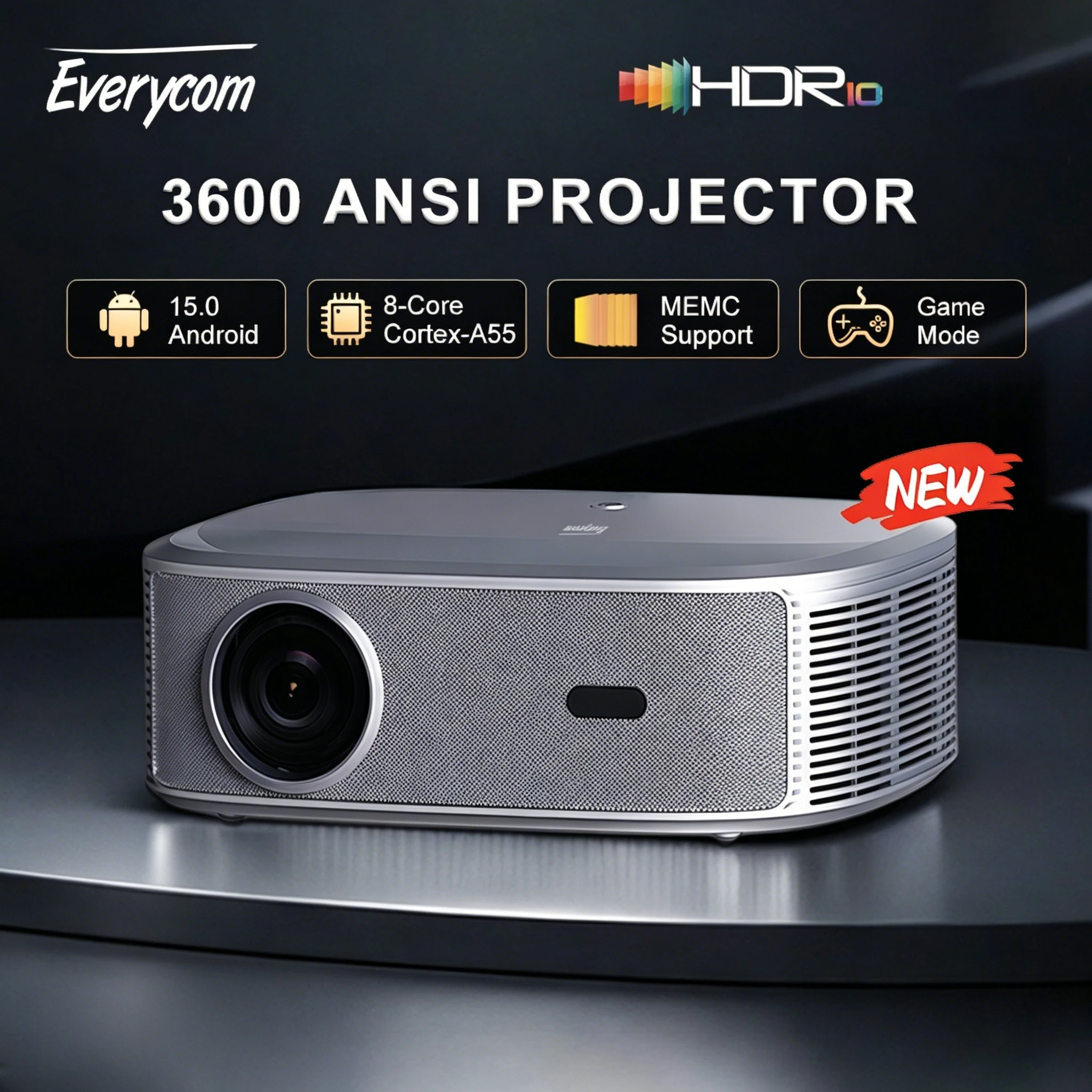 Everycom HQ11W 3600 ANSI 4K-Dekodierung 15dB Full HD 2.1 Projektor Android 15 3G+64G 15dB Ultra-Niedriggeräusch für Heimkino WLAN6 Smart TV Outdoor-Filmprojektor Beamer