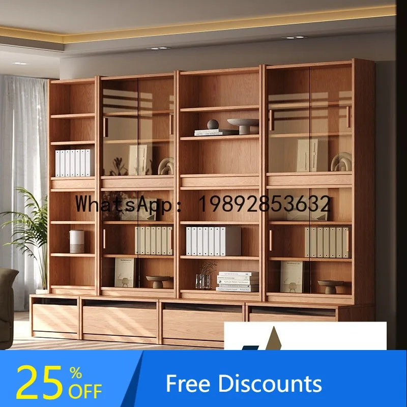 

LYY Solid Wood Oak Card Holder Bookshelf Glass Storage Cabinet Combination Floor-to-Ceiling Integrated Office Study Bookshelf