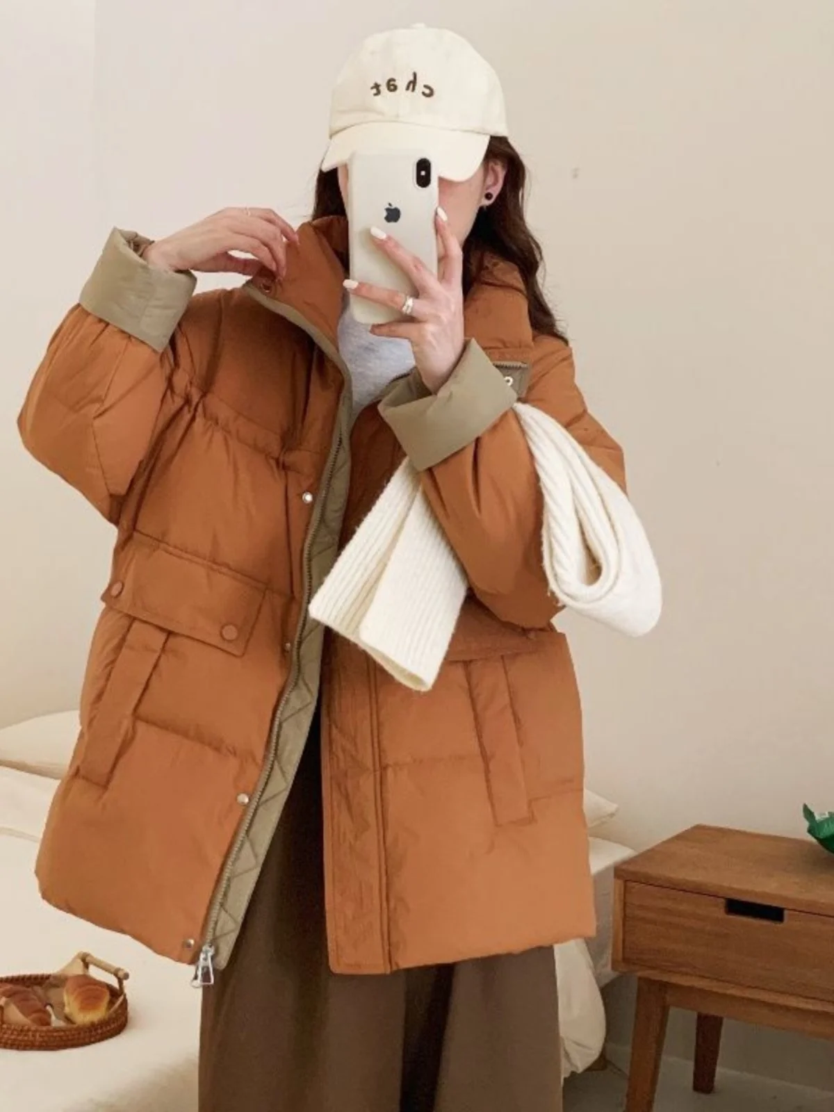 

Зимняя женская пуховая куртка средней длины с цветным воротником-стойкой в корейском стиле, модная верхняя одежда