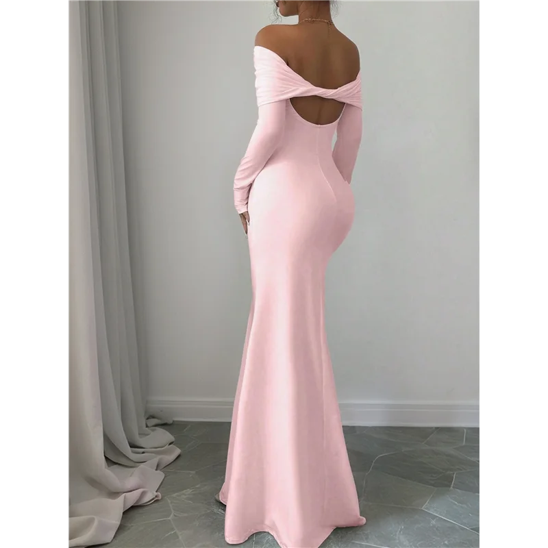 A83F - Damska sukienka maxi z długim rękawem, odkrywająca ramiona, dopasowana, elegancka, idealna na koktajl i studniówkę