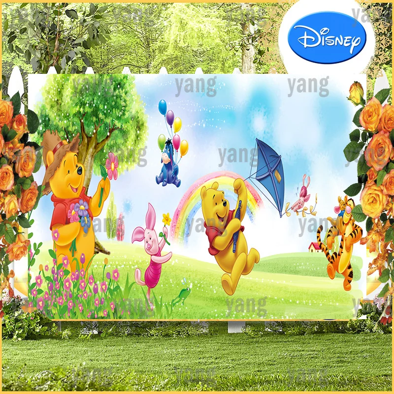 Disney Cartoon Backdrop Wall  Winnie Bear Tigger Piglet Boy Colorful Balloon Party Banner Custom Baby Shower Background Birthday