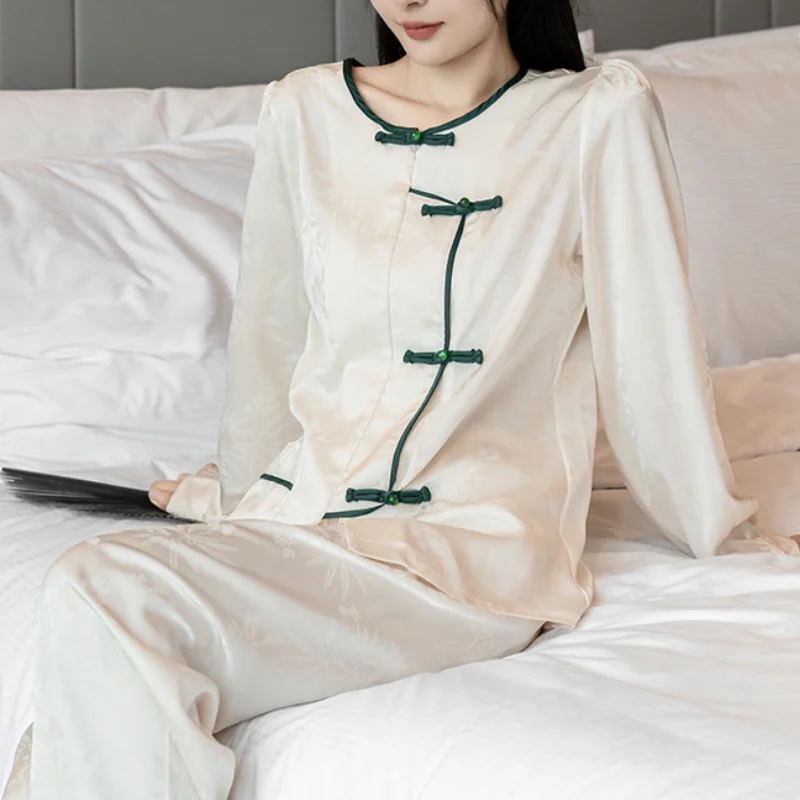 New Chinese Style Pajamas Sleepwear Jacquard Long Sleeve Trouser Suits Lounge Wear Spring Summer Casual Satin Home Wear Pyjama