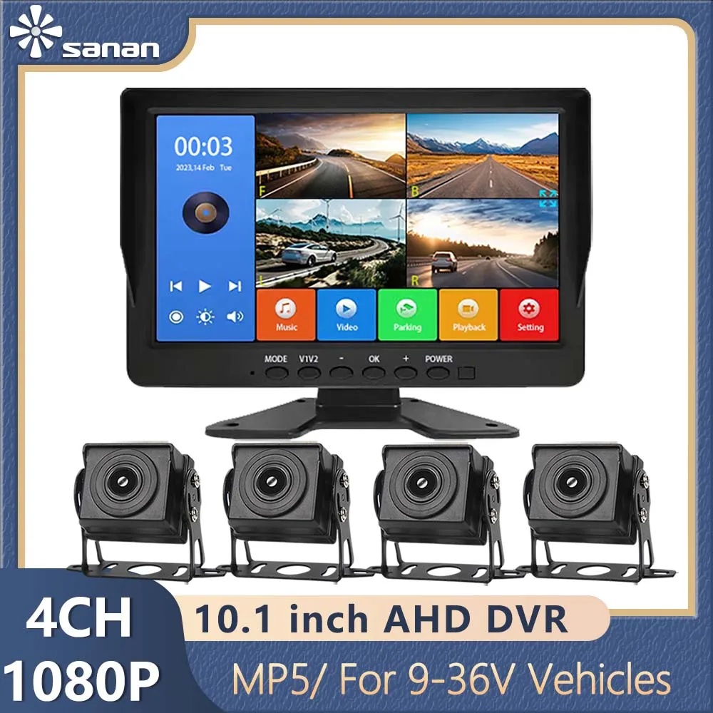 SANAN 10.1 Inch Screen Bus/Truck AHD Monitor System 1080P Vehicle 4 Channel CCTV Camera Night Vision Reversing Parking Recorder