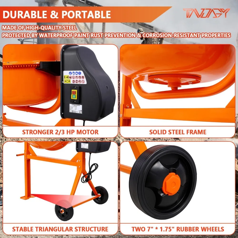5 Cu Ft Concrete Cement Mixer 2/3 HP Electric Mixer Machine with Wheel Freestanding Barrow Machine 120V Concrete Mixer