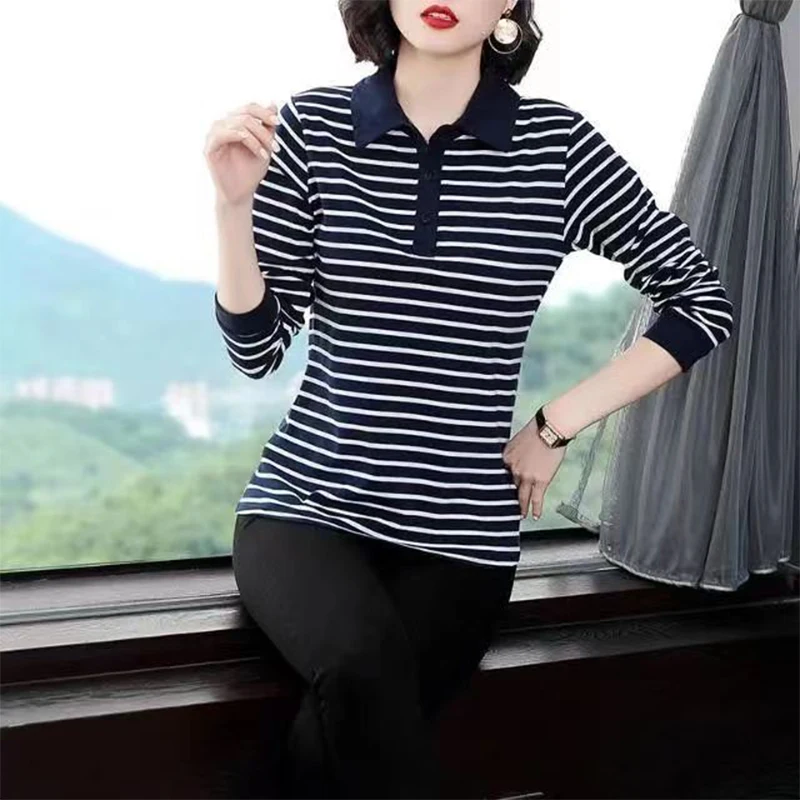 Autumn Winter Lapel Pure Cotton Striped Print T-shirt Lady Long Sleeve Loose Casual Pullover Top Women 5XL Simple All-match Tees