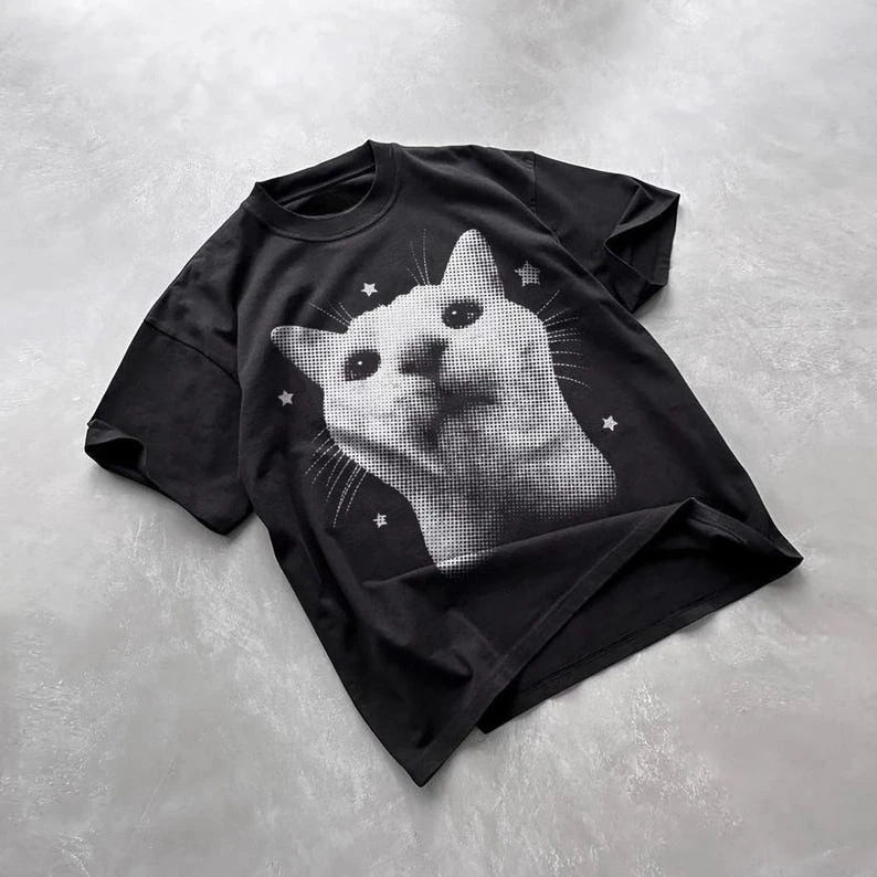 面白いY2K風の面白い猫プリントコットンTシャツ、90年代レトロ子猫ヴィンテージグラフィックTシャツ、猫好きへのギフト、ミームTシャツ、男女兼用トップス