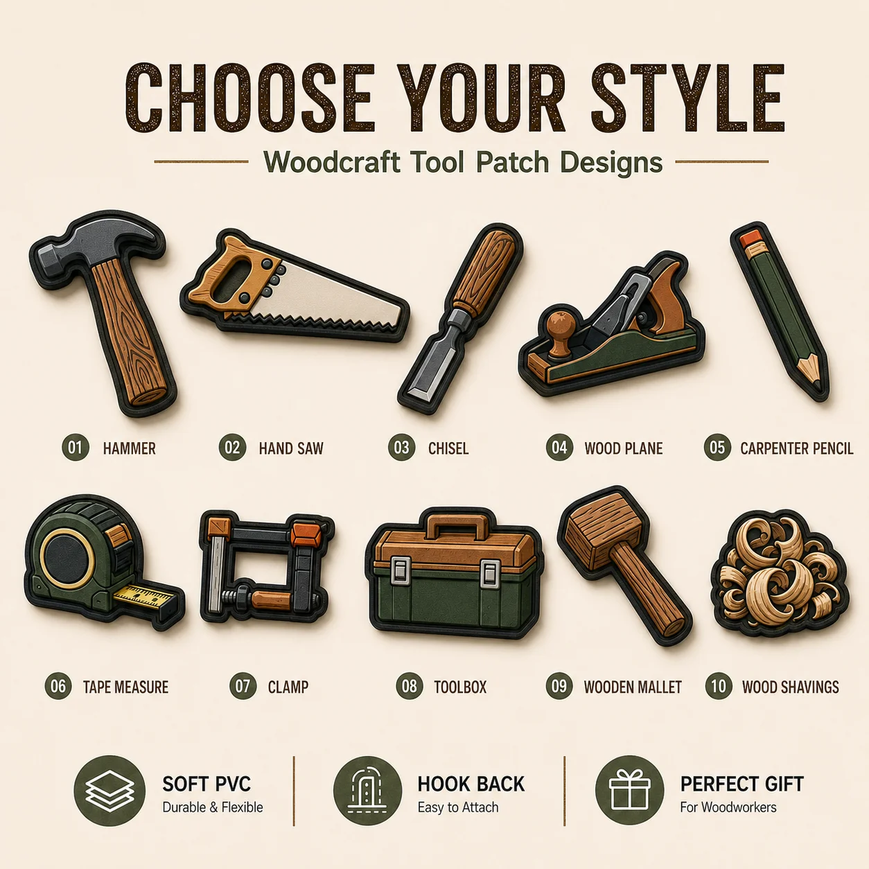 Custom Woodworking PVC Patches Hammer Saw Chisel Plane Tape Measure Soft Rubber Hook and Loop for Bags Jackets Work Gear