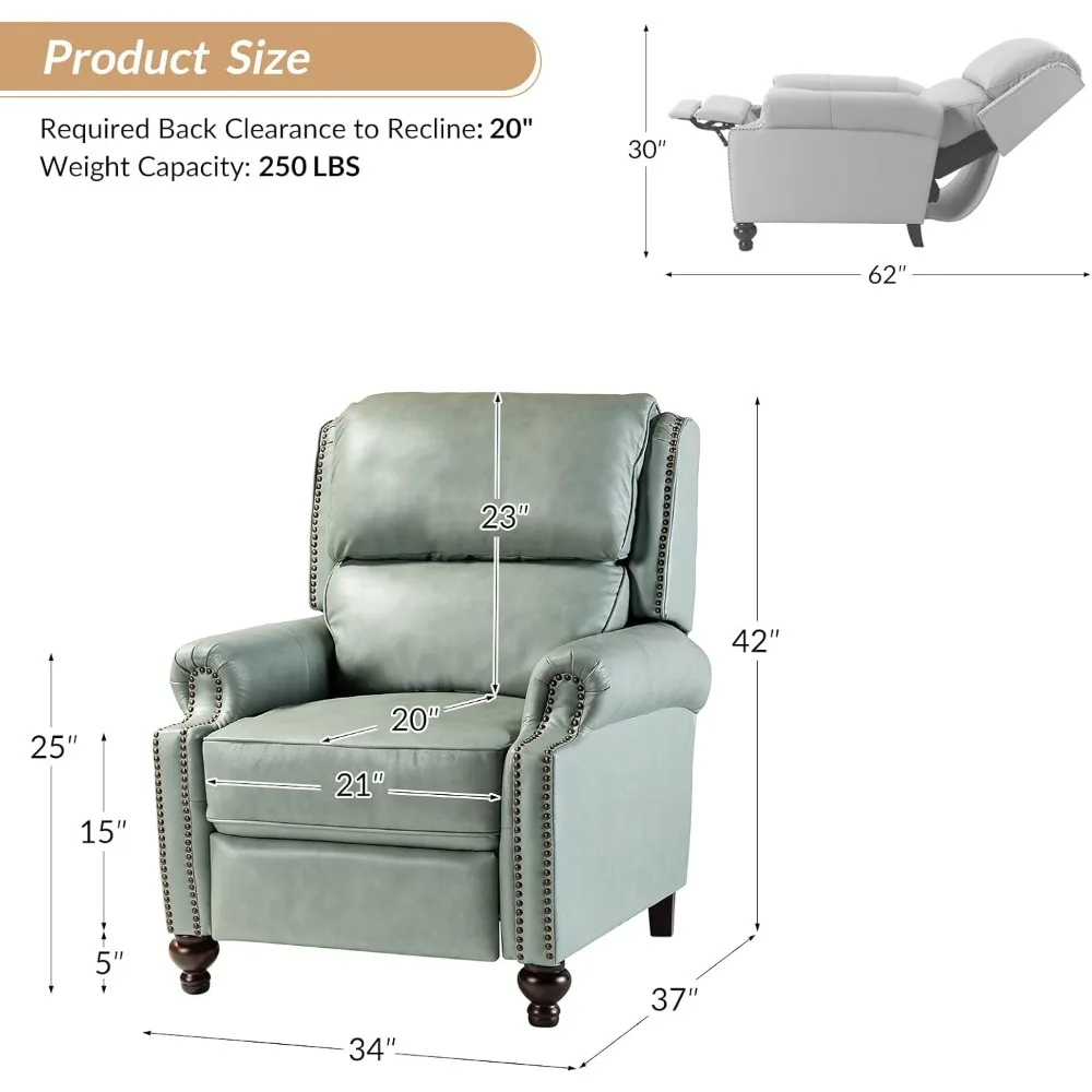 Classic and Traditional Push Back Recliner Chair for Living Room, Adjustable Leather Cigar Chair Recliner Vintage Sofa