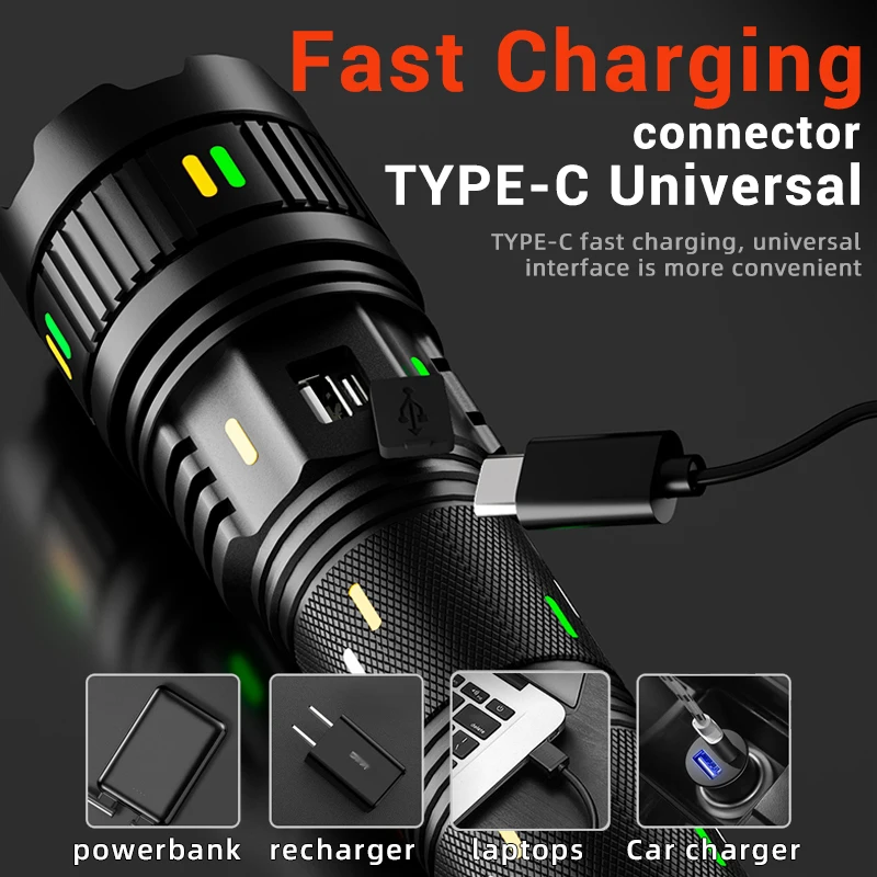 100W Most Powerful LED Flashlight Type-c Rechargeable Zoom White Laser Tactical Torch Hand Lamp Outdoor Hunting Camping Lantern