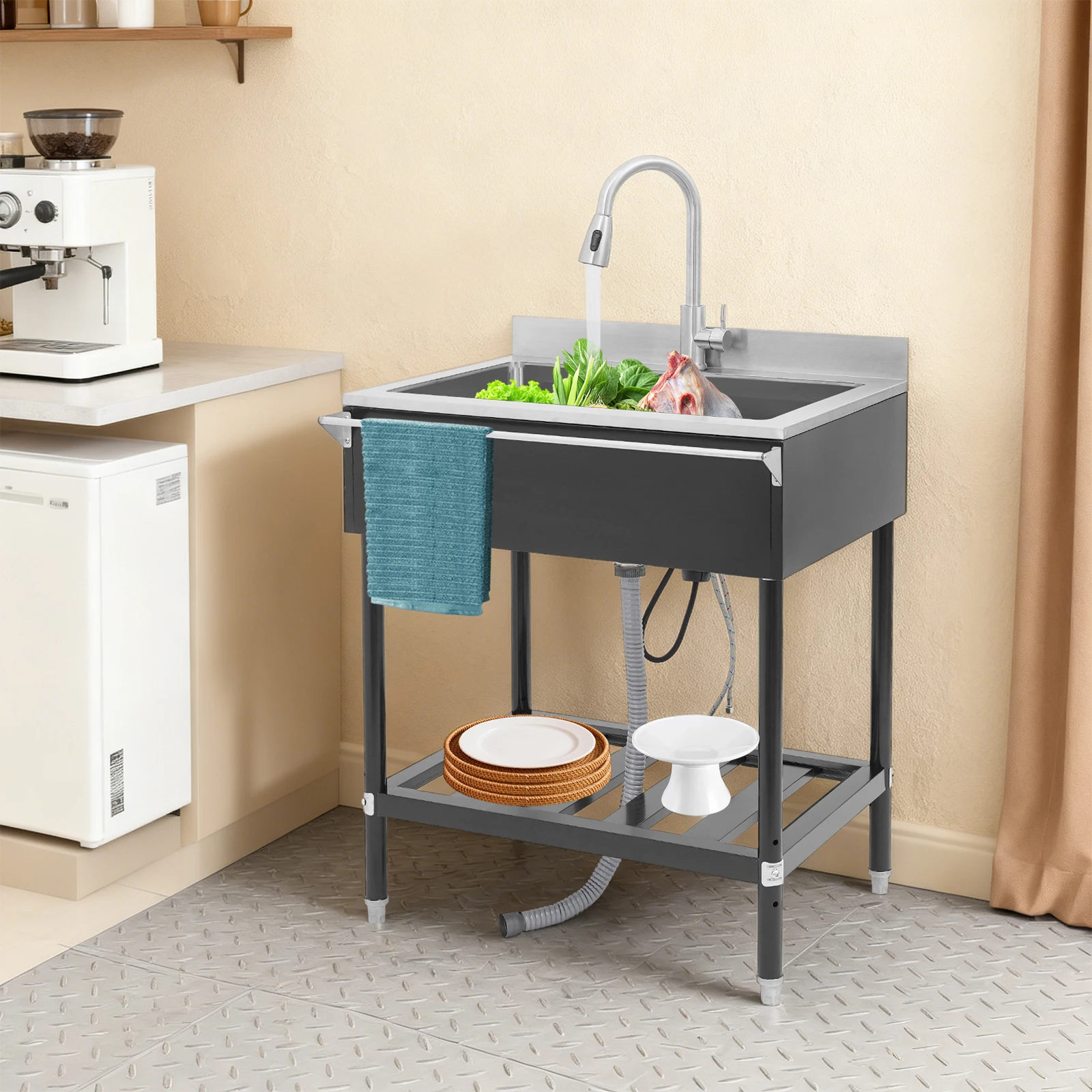 

30.7x22 Inch Stainless Steel Utility Sink, Freestanding Kitchen Sink with Pull-Out Faucet & Shelf, Black Single Bowl Sink