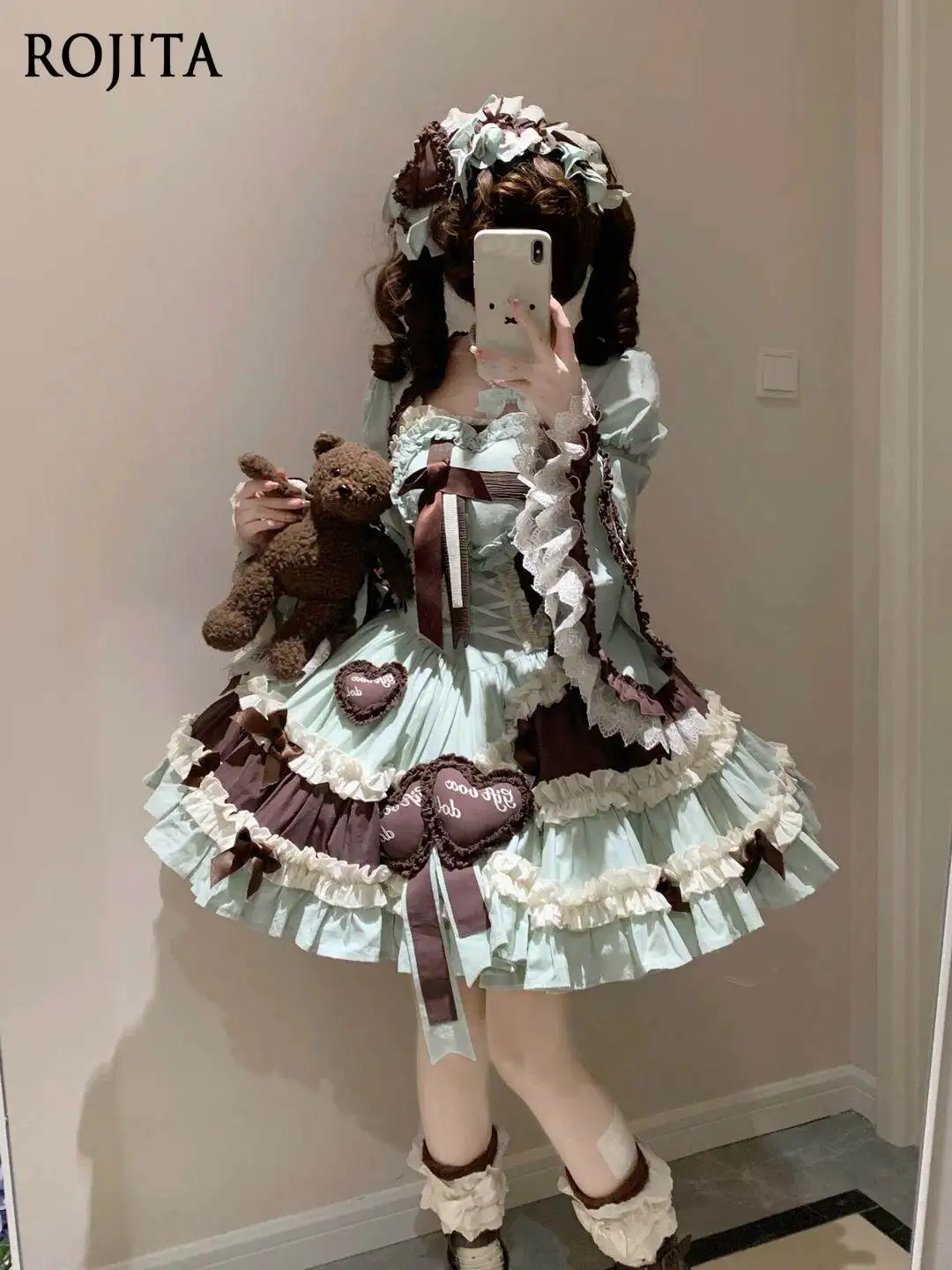 

Sweet Lolita JSK Dress Mint and Brown Color Scheme with Lace Heart Patches Classic Lolita Tiered Ruffle Dress