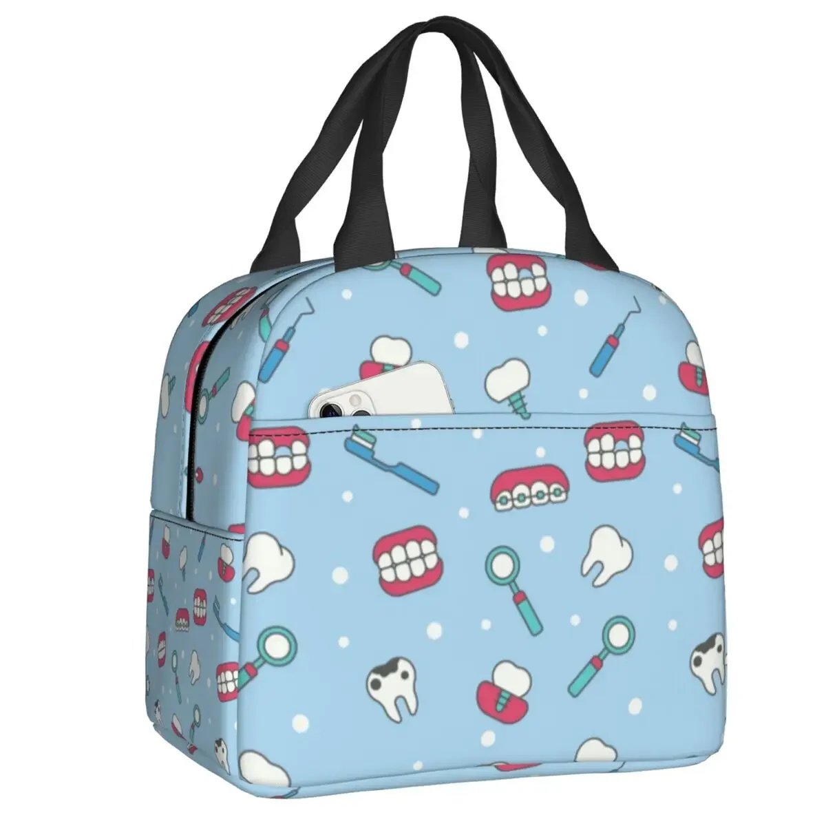 Teeth And Braces Insulated Lunch Bags for Work School Dentist Tooth Portable Picnic Thermal Cooler Lunch Box Women Men