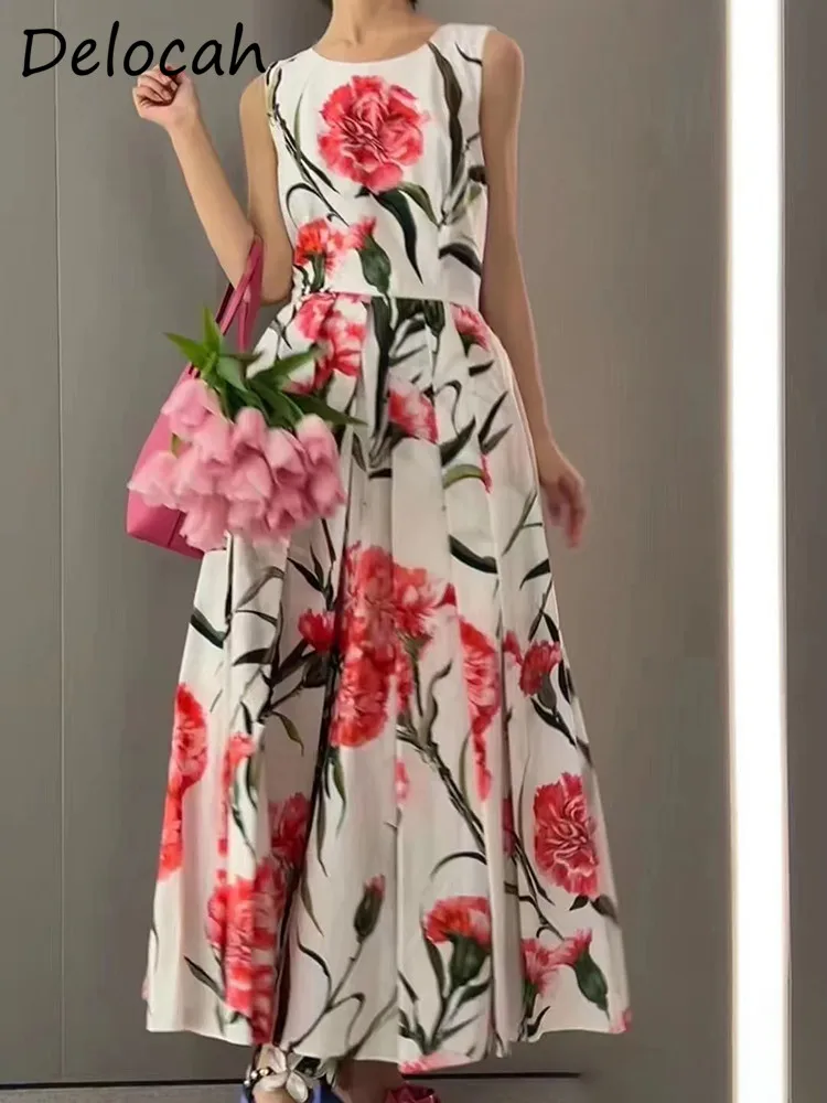 Delocah High Quality Summer Women Fashion Designe Long Dress Sleeveless O-Neck Floral Print  Elegant Trim Shirred A-Line Dresses